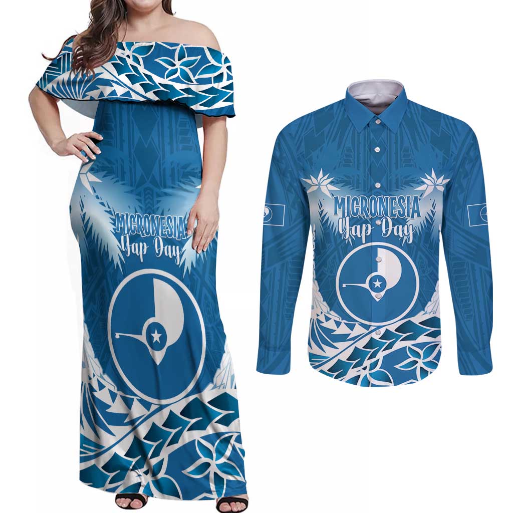FSM Yap Day Couples Matching Off Shoulder Maxi Dress and Long Sleeve Button Shirt 2025 Wa'ab Micronesia Flag Color