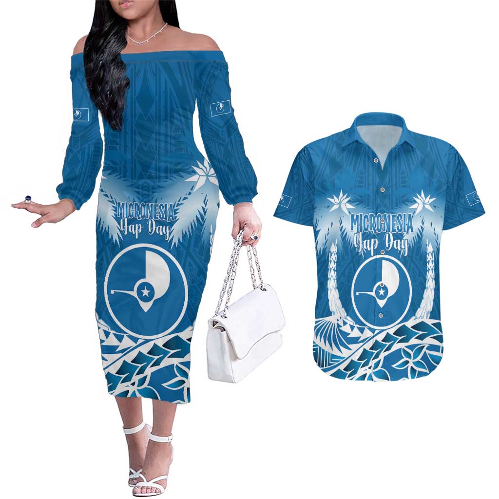 FSM Yap Day Couples Matching Off The Shoulder Long Sleeve Dress and Hawaiian Shirt 2025 Wa'ab Micronesia Flag Color