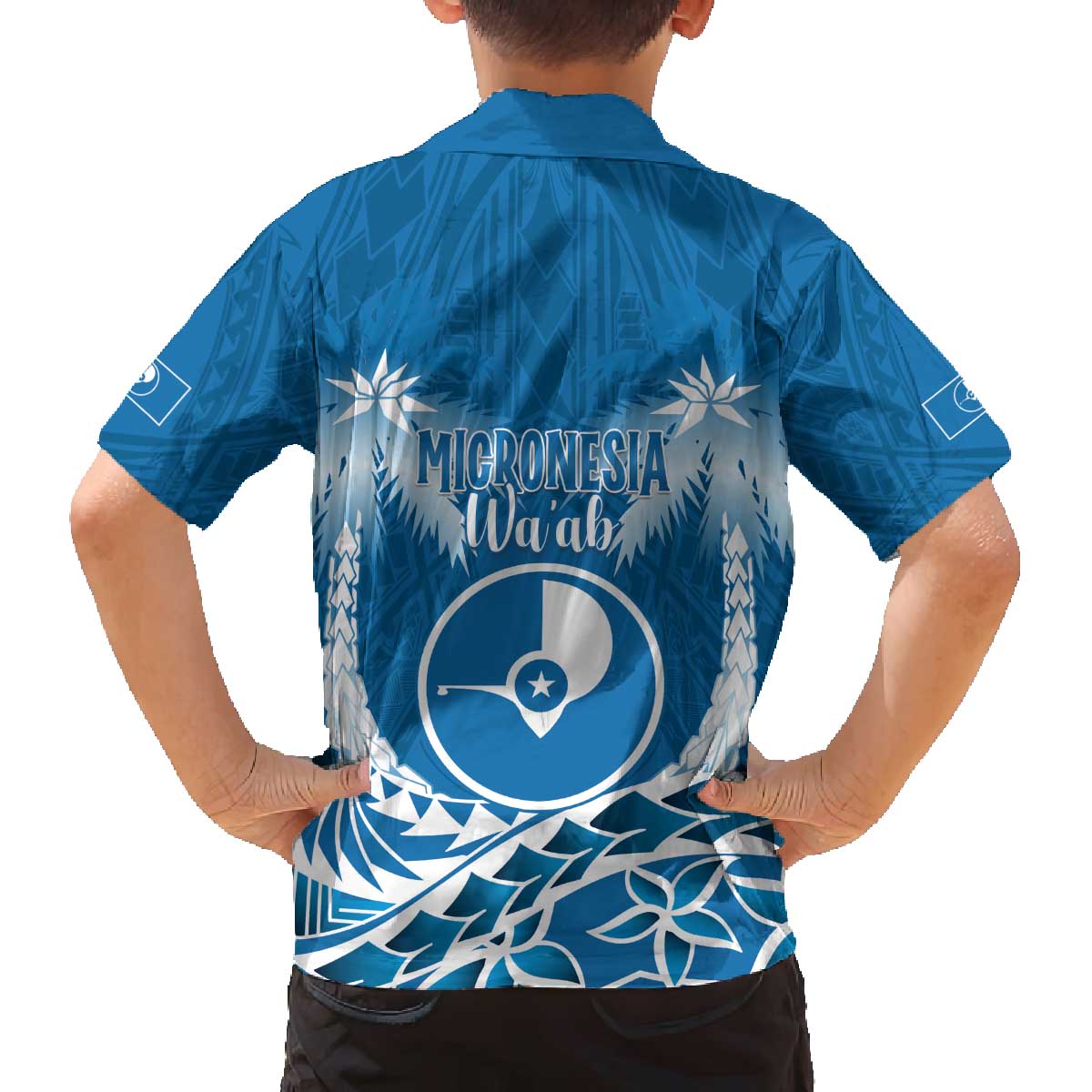 FSM Yap Day Family Matching Off The Shoulder Long Sleeve Dress and Hawaiian Shirt 2025 Wa'ab Micronesia Flag Color