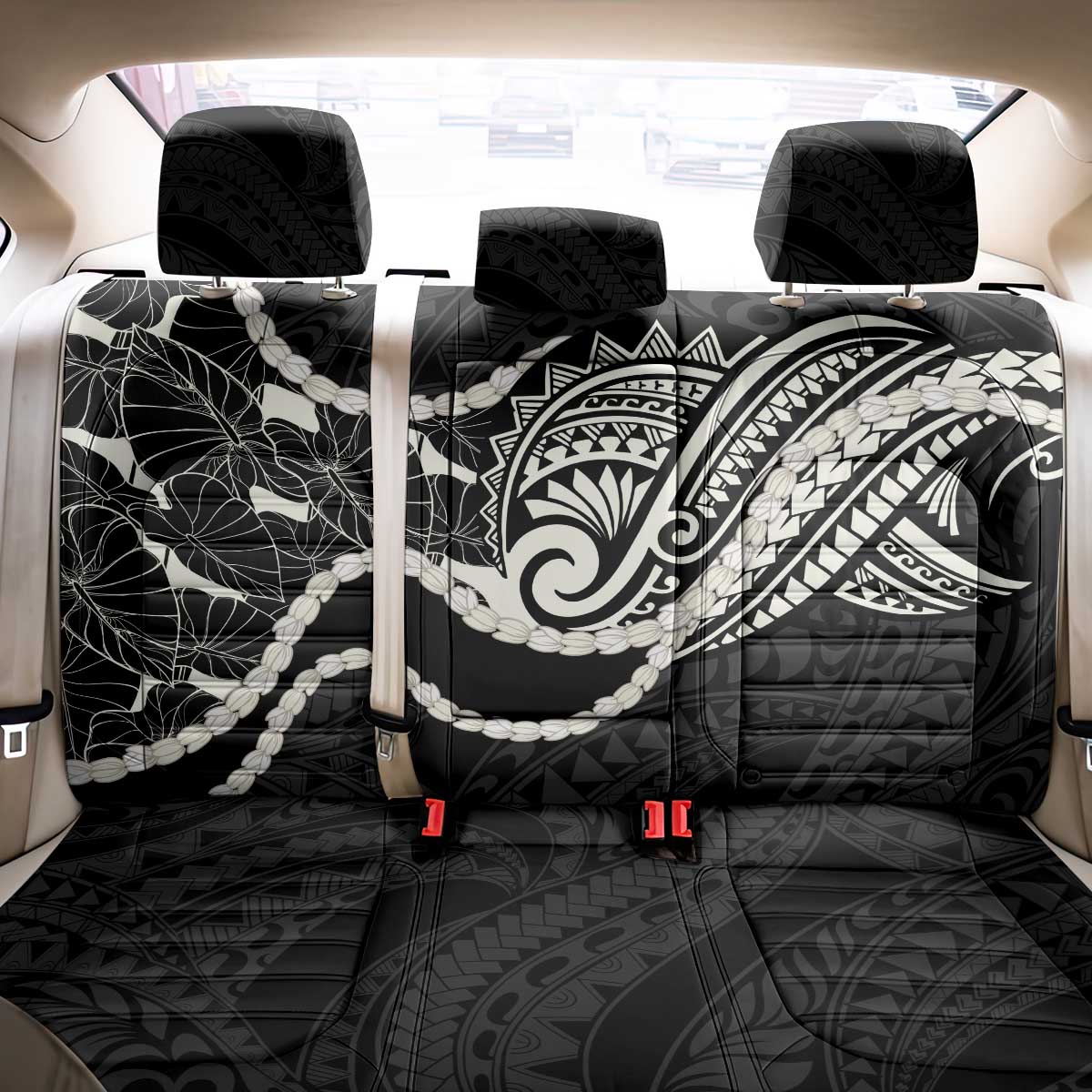 Aloha Hawaii Kalo Pikake Lei Back Car Seat Cover Chest Tattoo Black Hawaiian Pattern
