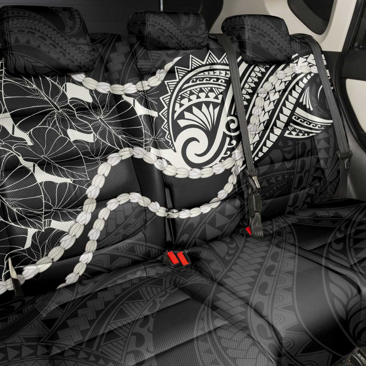 Aloha Hawaii Kalo Pikake Lei Back Car Seat Cover Chest Tattoo Black Hawaiian Pattern