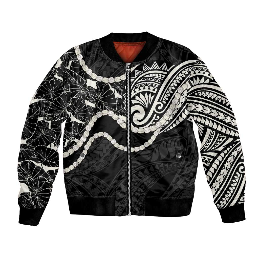 Aloha Hawaii Kalo Pikake Lei Bomber Jacket Chest Tattoo Black Hawaiian Pattern