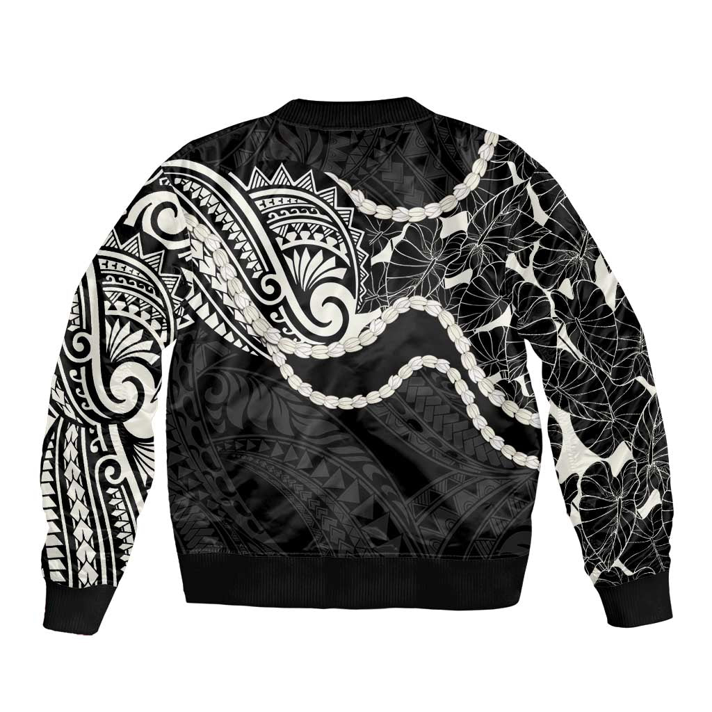 Aloha Hawaii Kalo Pikake Lei Bomber Jacket Chest Tattoo Black Hawaiian Pattern