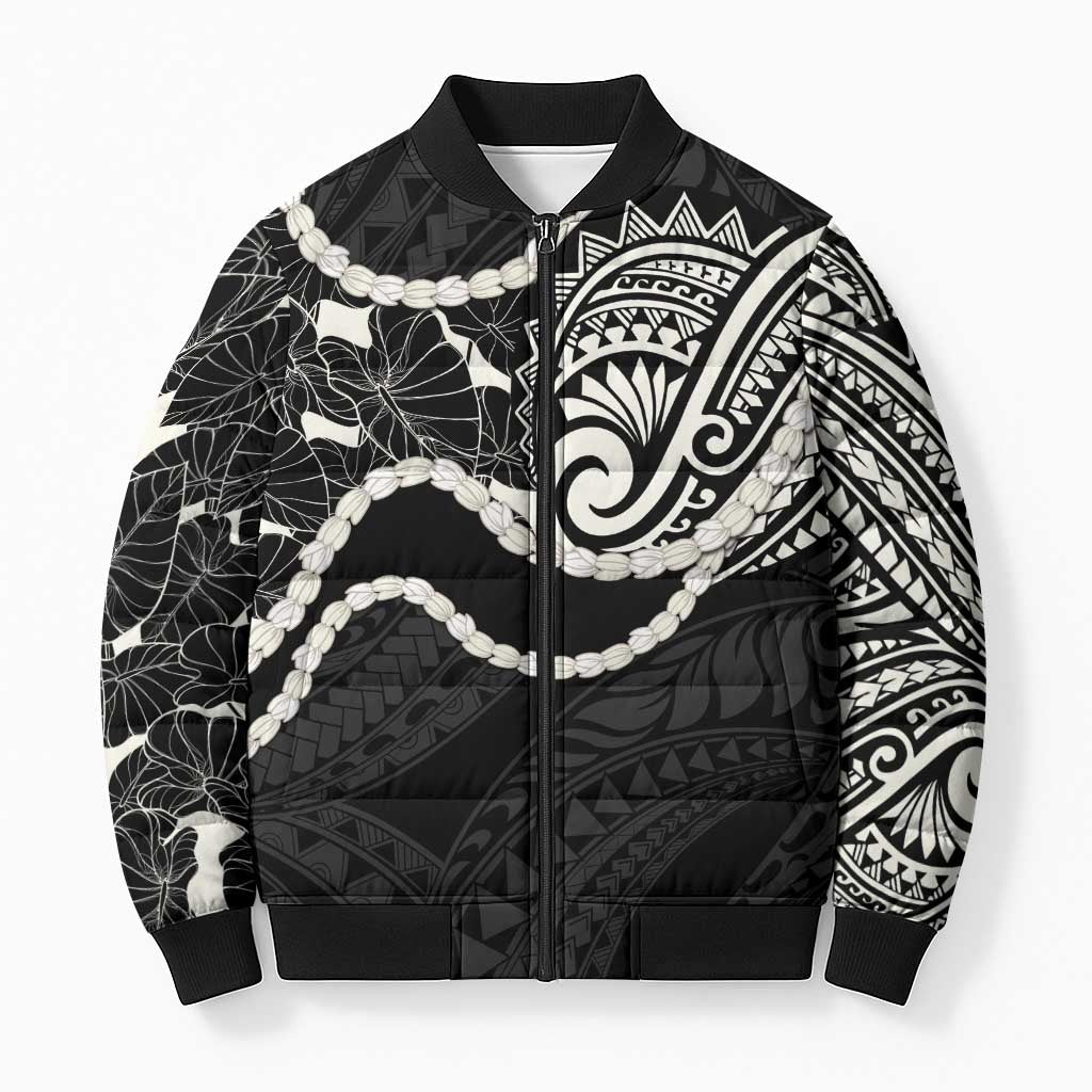 Aloha Hawaii Kalo Pikake Lei Bomber Puffer Jacket Chest Tattoo Black Hawaiian Pattern
