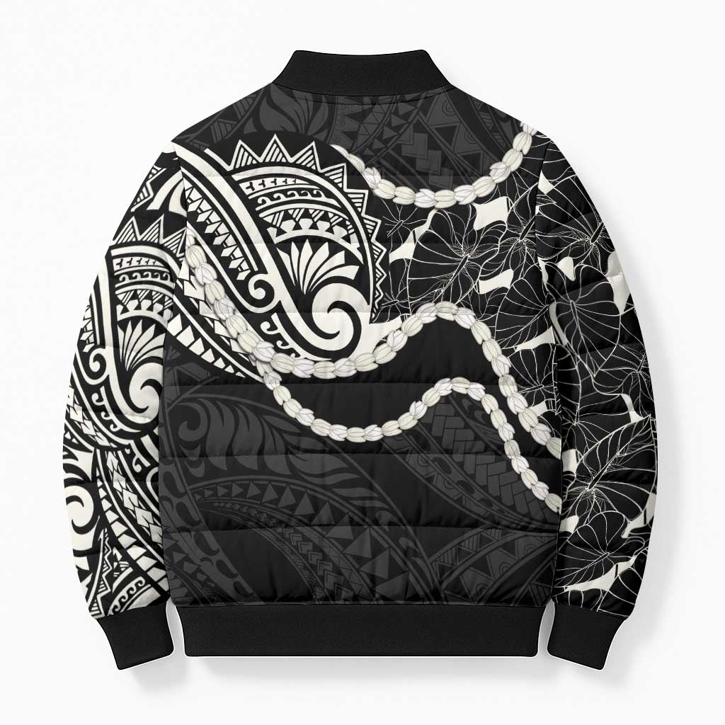 Aloha Hawaii Kalo Pikake Lei Bomber Puffer Jacket Chest Tattoo Black Hawaiian Pattern