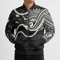 Aloha Hawaii Kalo Pikake Lei Bomber Puffer Jacket Chest Tattoo Black Hawaiian Pattern