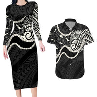 Aloha Hawaii Kalo Pikake Lei Couples Matching Long Sleeve Bodycon Dress and Hawaiian Shirt Chest Tattoo Black Hawaiian Pattern LT14 Black - Polynesian Pride