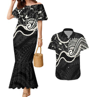 Aloha Hawaii Kalo Pikake Lei Couples Matching Mermaid Dress and Hawaiian Shirt Chest Tattoo Black Hawaiian Pattern LT14 Black - Polynesian Pride