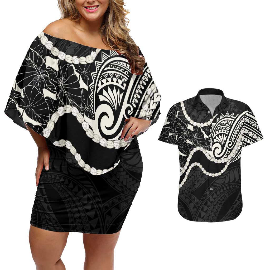 Aloha Hawaii Kalo Pikake Lei Couples Matching Off Shoulder Short Dress and Hawaiian Shirt Chest Tattoo Black Hawaiian Pattern