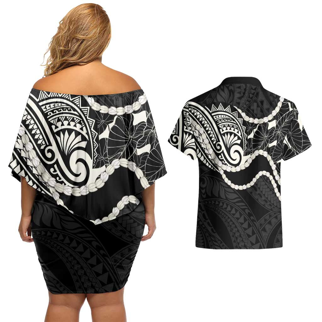 Aloha Hawaii Kalo Pikake Lei Couples Matching Off Shoulder Short Dress and Hawaiian Shirt Chest Tattoo Black Hawaiian Pattern