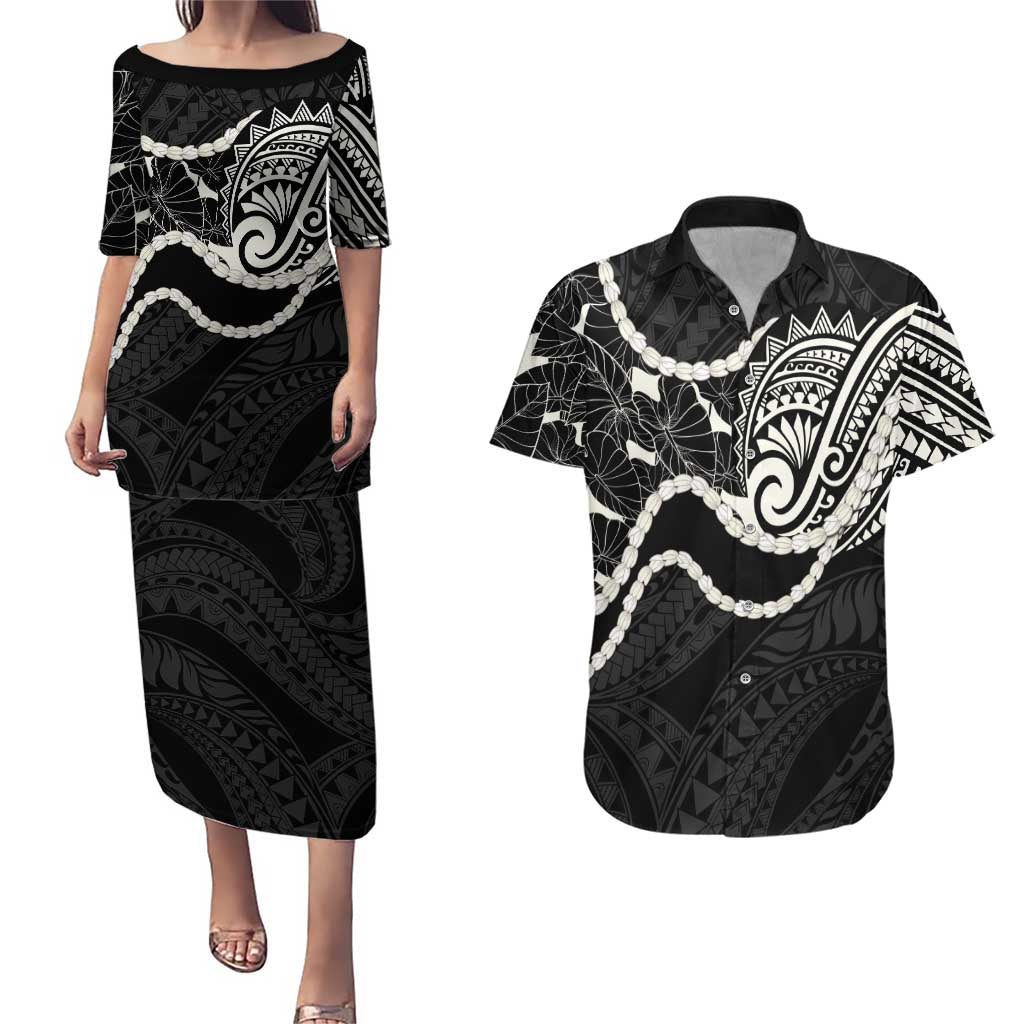 Aloha Hawaii Kalo Pikake Lei Couples Matching Puletasi and Hawaiian Shirt Chest Tattoo Black Hawaiian Pattern