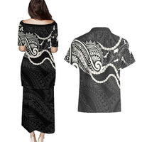 Aloha Hawaii Kalo Pikake Lei Couples Matching Puletasi and Hawaiian Shirt Chest Tattoo Black Hawaiian Pattern