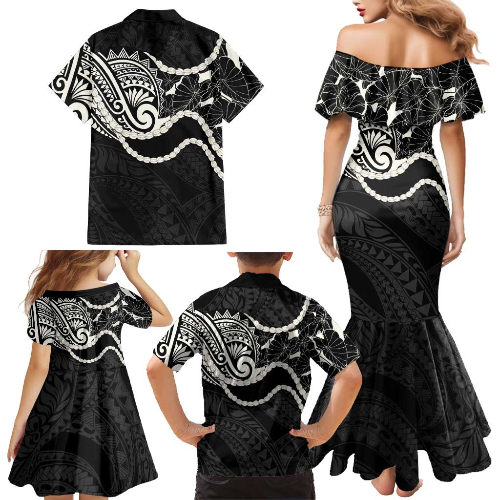 Aloha Hawaii Kalo Pikake Lei Family Matching Mermaid Dress and Hawaiian Shirt Chest Tattoo Black Hawaiian Pattern LT14 - Polynesian Pride