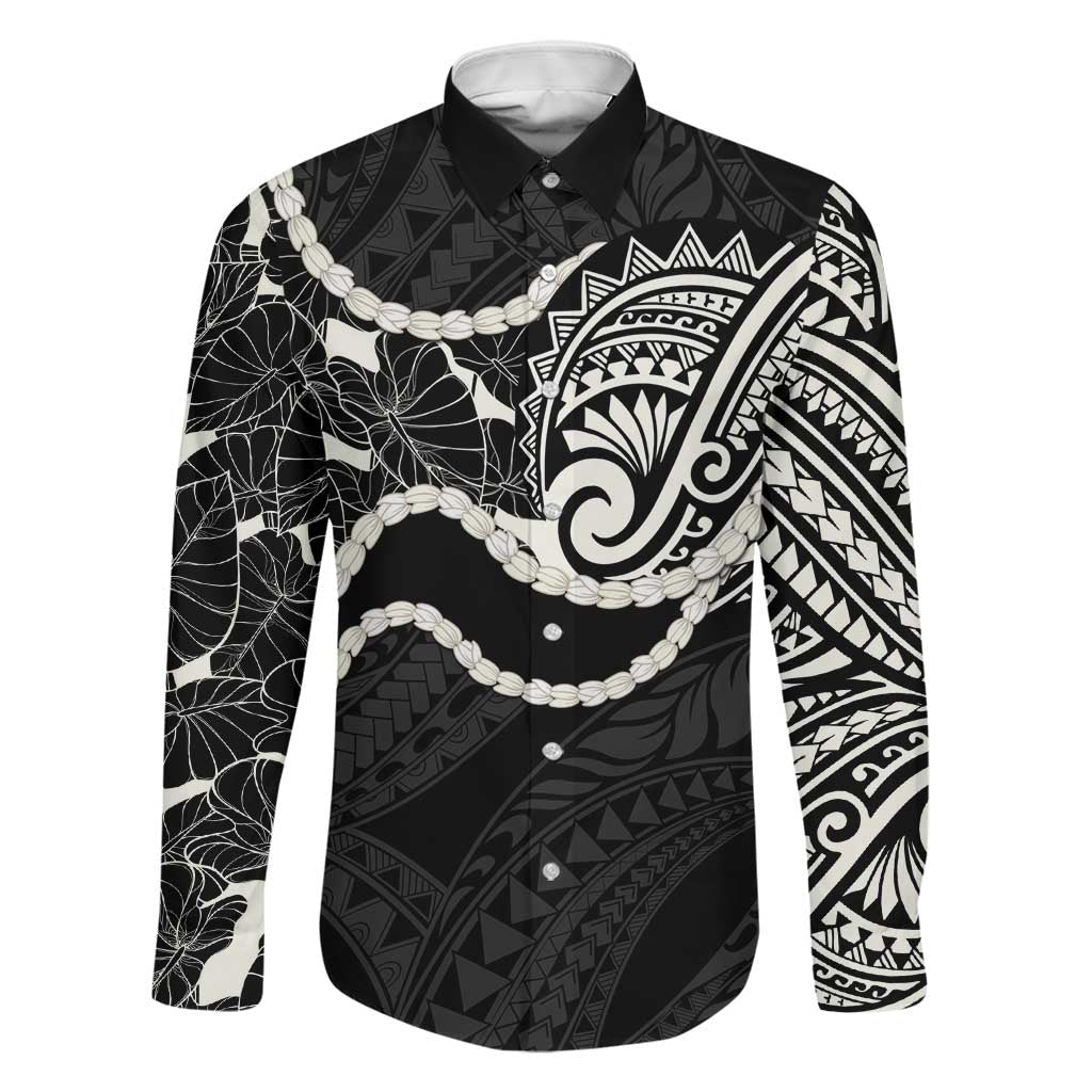 Aloha Hawaii Kalo Pikake Lei Family Matching Off Shoulder Maxi Dress and Hawaiian Shirt Chest Tattoo Black Hawaiian Pattern LT14 Dad's Shirt - Long Sleeve Black - Polynesian Pride