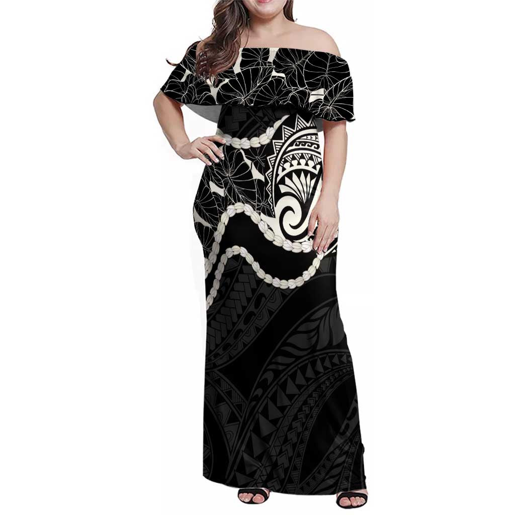 Aloha Hawaii Kalo Pikake Lei Family Matching Off Shoulder Maxi Dress and Hawaiian Shirt Chest Tattoo Black Hawaiian Pattern LT14 Mom's Dress Black - Polynesian Pride