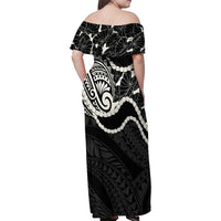 Aloha Hawaii Kalo Pikake Lei Family Matching Off Shoulder Maxi Dress and Hawaiian Shirt Chest Tattoo Black Hawaiian Pattern LT14 - Polynesian Pride