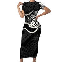 Aloha Hawaii Kalo Pikake Lei Family Matching Short Sleeve Bodycon Dress and Hawaiian Shirt Chest Tattoo Black Hawaiian Pattern LT14 Mom's Dress Black - Polynesian Pride