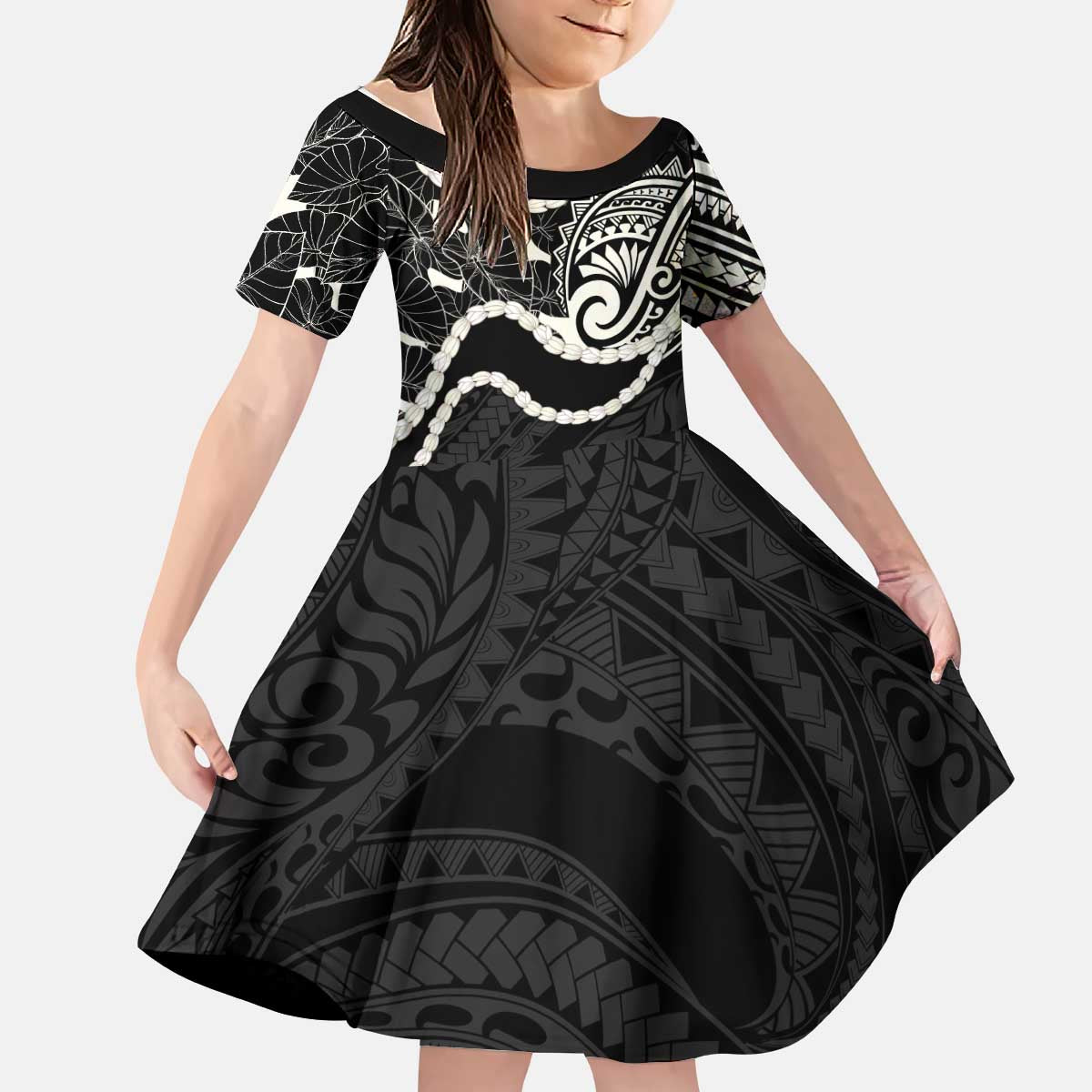 Aloha Hawaii Kalo Pikake Lei Kid Short Sleeve Dress Chest Tattoo Black Hawaiian Pattern