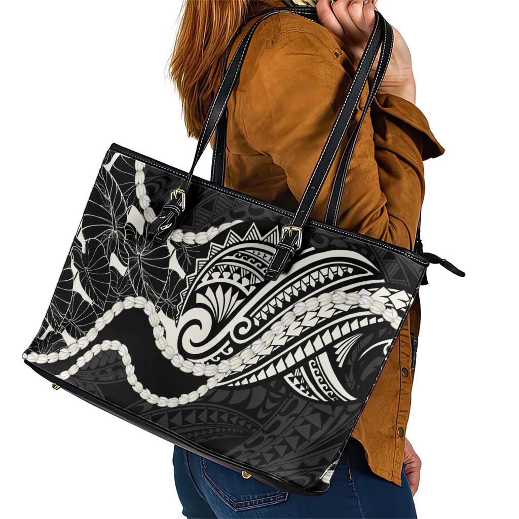 Aloha Hawaii Kalo Pikake Lei Leather Tote Bag Chest Tattoo Black Hawaiian Pattern