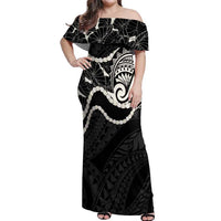 Aloha Hawaii Kalo Pikake Lei Off Shoulder Maxi Dress Chest Tattoo Black Hawaiian Pattern