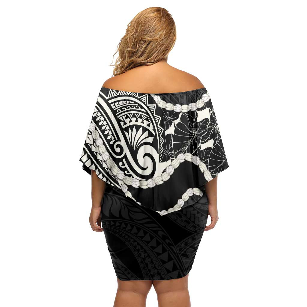 Aloha Hawaii Kalo Pikake Lei Off Shoulder Short Dress Chest Tattoo Black Hawaiian Pattern