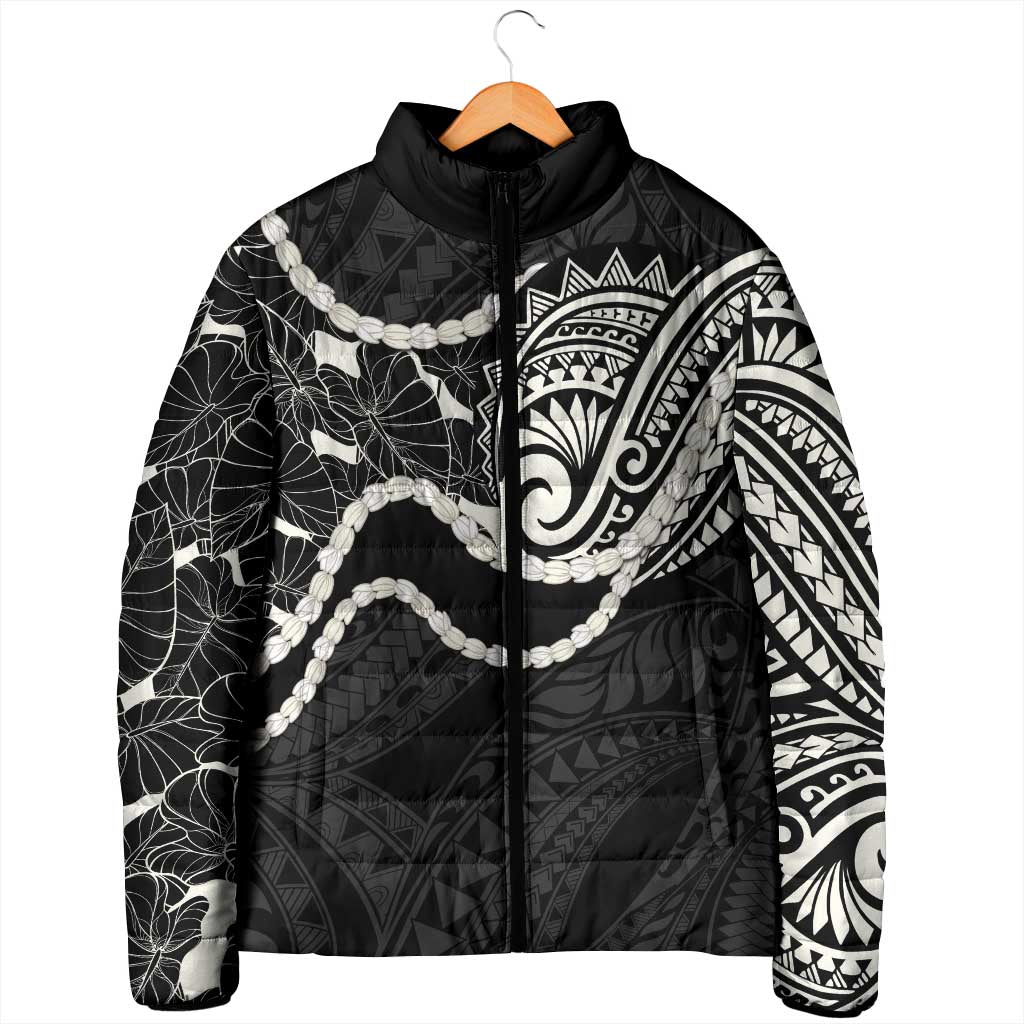 Aloha Hawaii Kalo Pikake Lei Padded Jacket Chest Tattoo Black Hawaiian Pattern