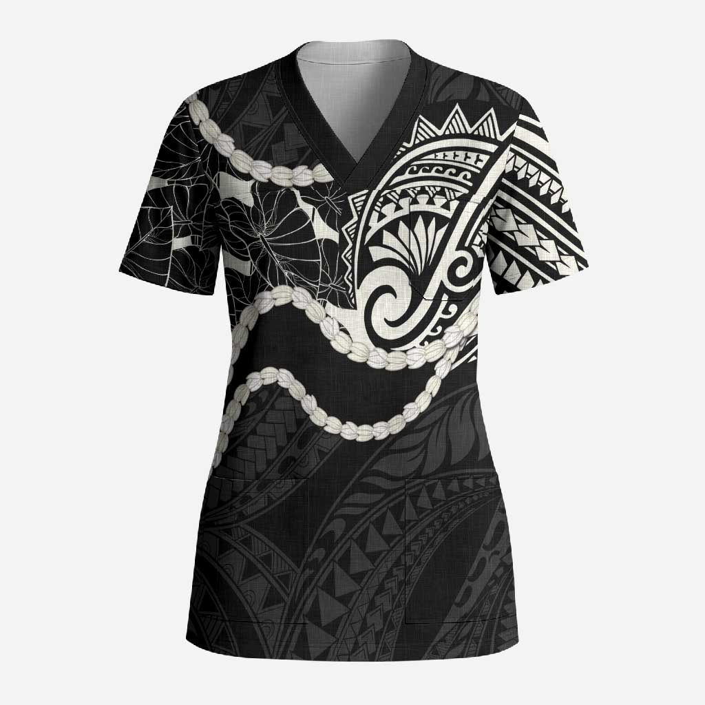 Aloha Hawaii Kalo Pikake Lei Scrub Top Chest Tattoo Black Hawaiian Pattern