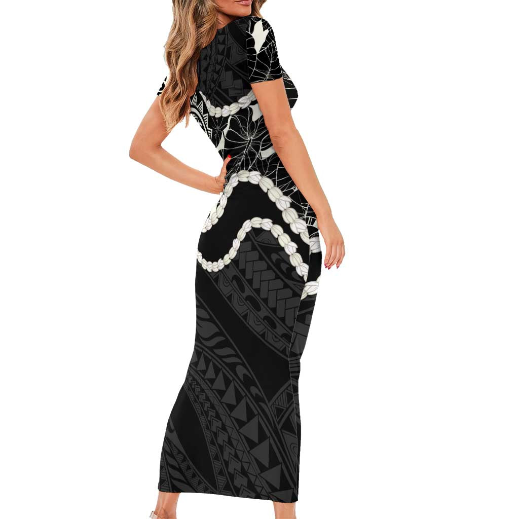 Aloha Hawaii Kalo Pikake Lei Short Sleeve Bodycon Dress Chest Tattoo Black Hawaiian Pattern