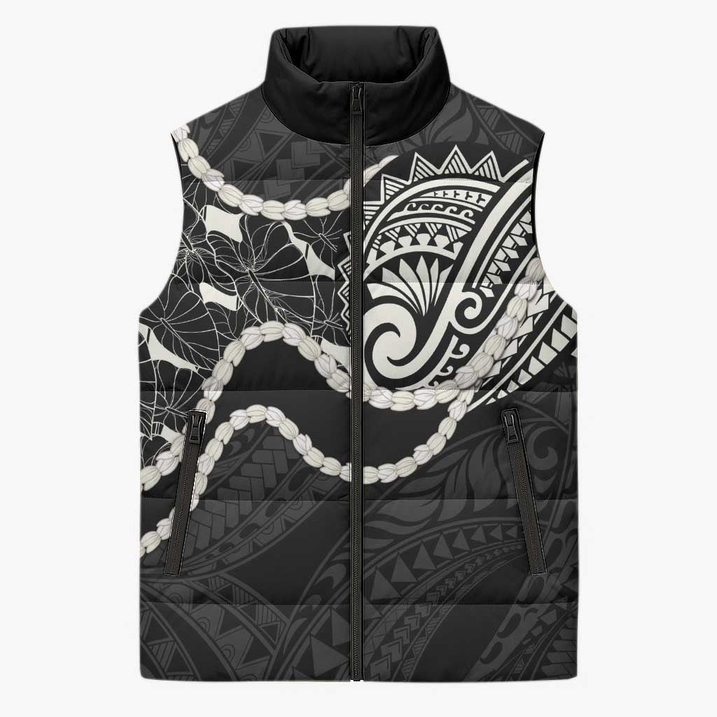 Aloha Hawaii Kalo Pikake Lei Sleeveless Puffer Jacket Chest Tattoo Black Hawaiian Pattern