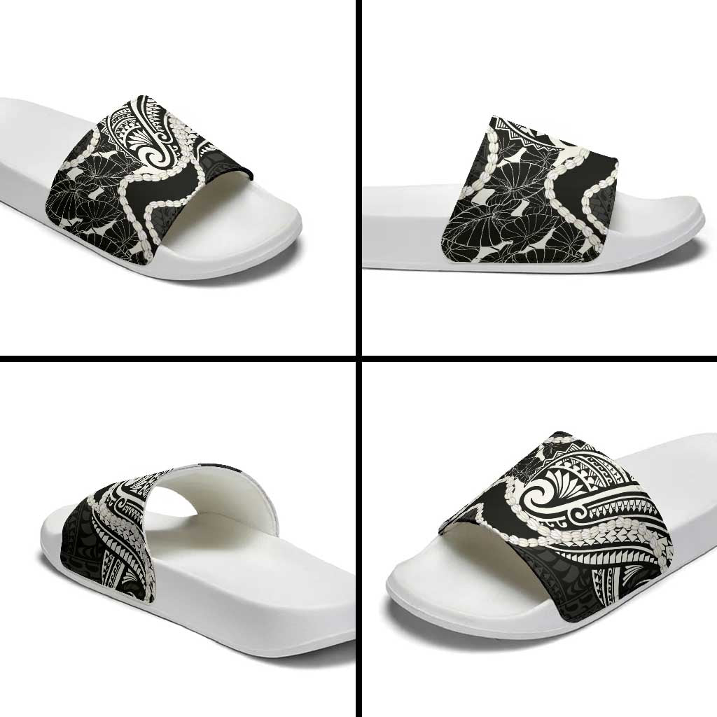 Aloha Hawaii Kalo Pikake Lei Slide Sandals Chest Tattoo Black Hawaiian Pattern