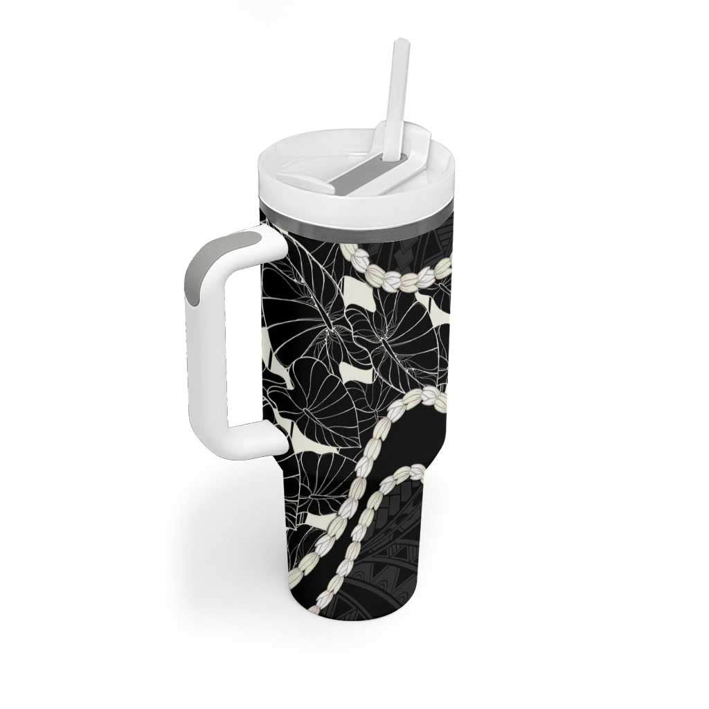 Aloha Hawaii Kalo Pikake Lei Tumbler With Handle Chest Tattoo Black Hawaiian Pattern