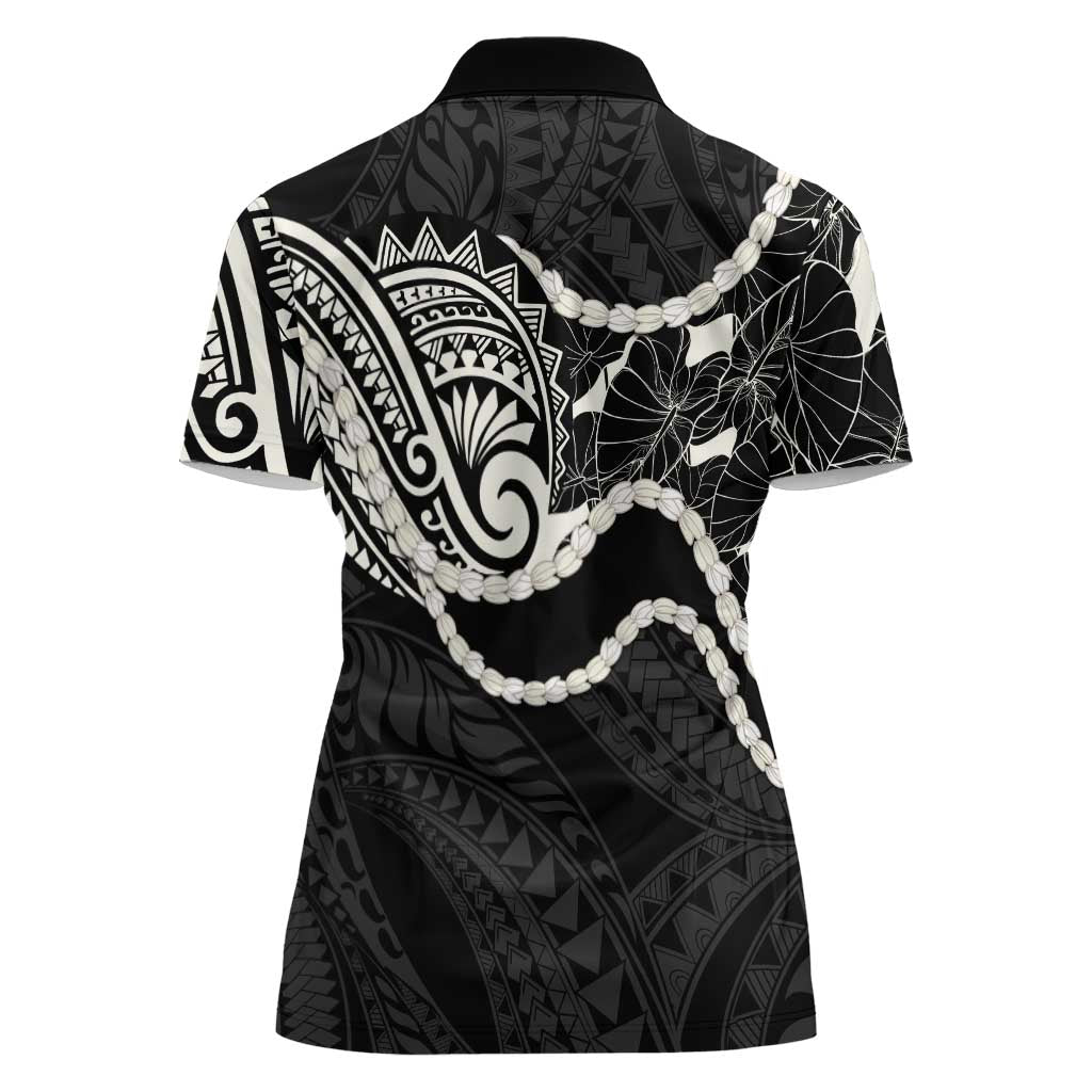 Aloha Hawaii Kalo Pikake Lei Women Polo Shirt Chest Tattoo Black Hawaiian Pattern