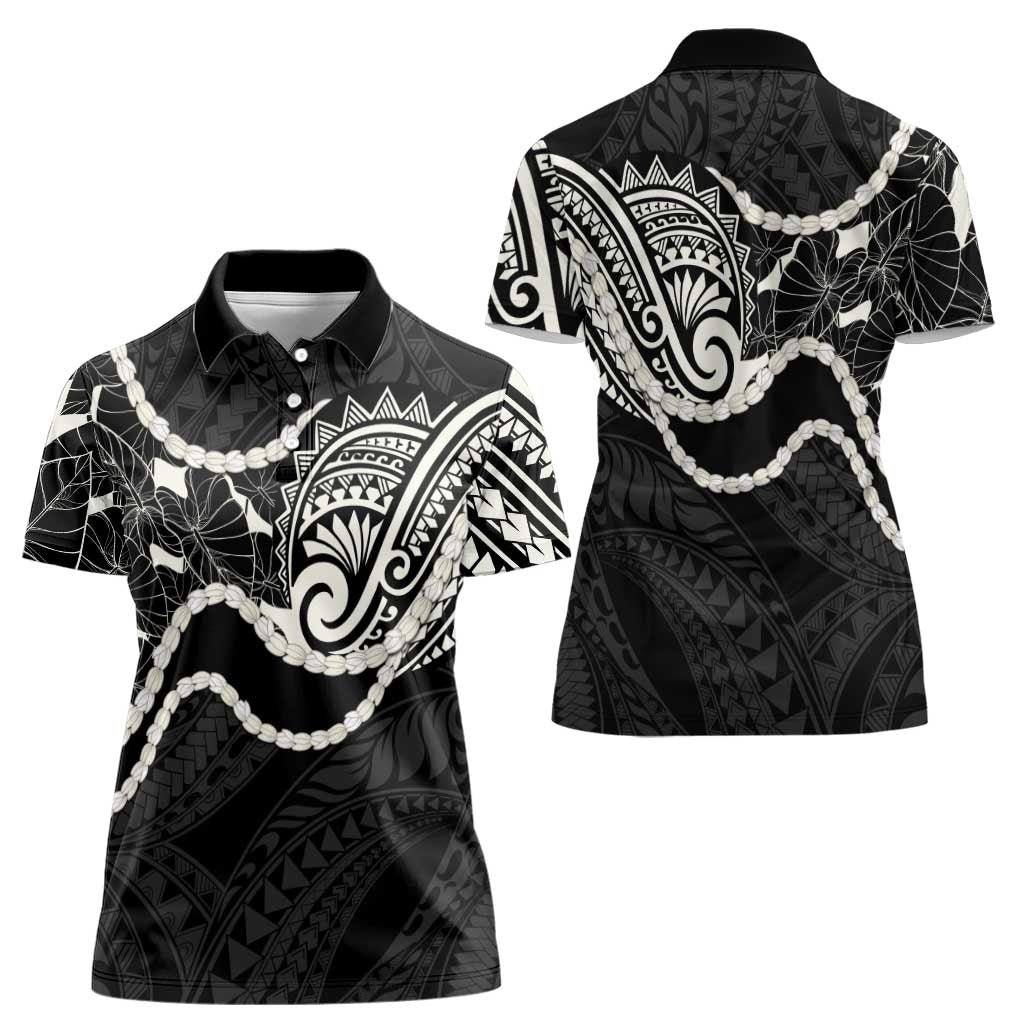 Aloha Hawaii Kalo Pikake Lei Women Polo Shirt Chest Tattoo Black Hawaiian Pattern