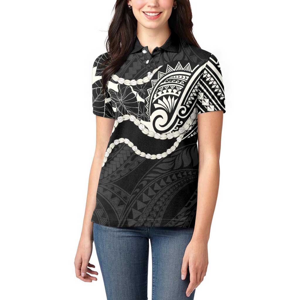 Aloha Hawaii Kalo Pikake Lei Women Polo Shirt Chest Tattoo Black Hawaiian Pattern