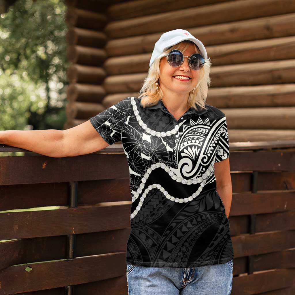 Aloha Hawaii Kalo Pikake Lei Women Polo Shirt Chest Tattoo Black Hawaiian Pattern