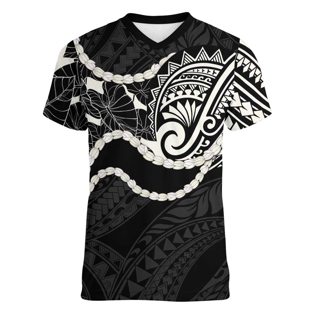 Aloha Hawaii Kalo Pikake Lei Women V-Neck T-Shirt Chest Tattoo Black Hawaiian Pattern