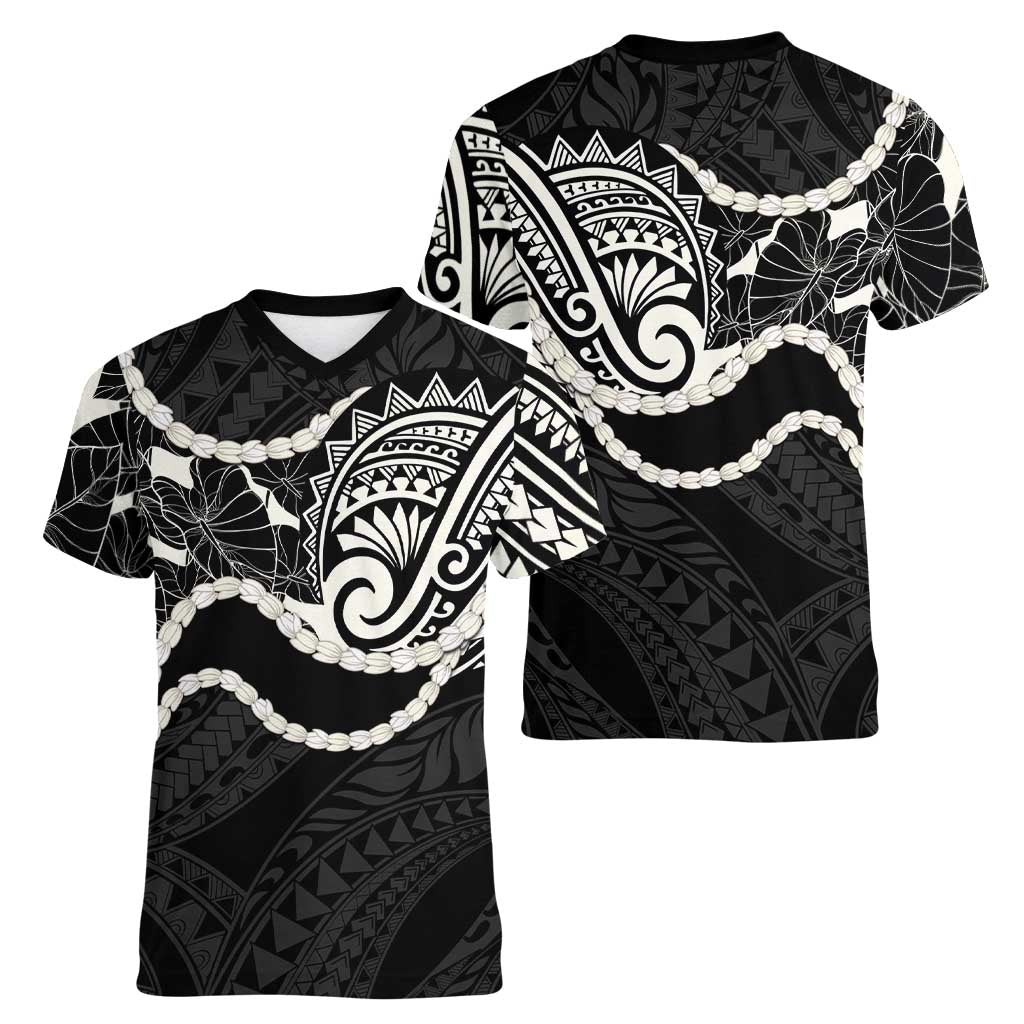 Aloha Hawaii Kalo Pikake Lei Women V-Neck T-Shirt Chest Tattoo Black Hawaiian Pattern