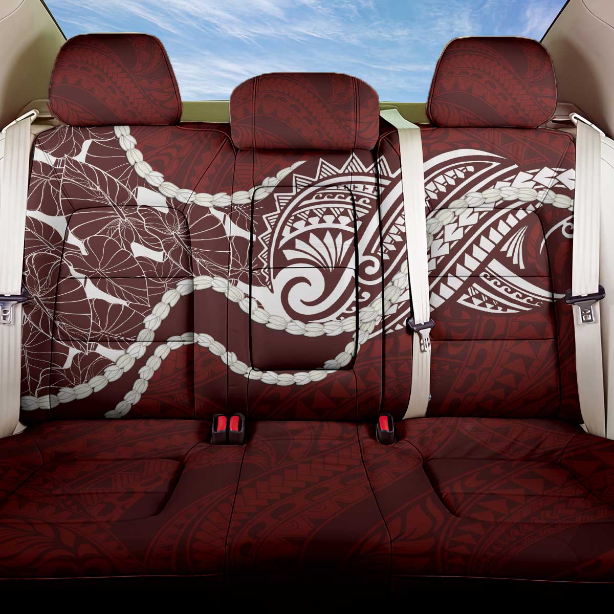 Aloha Hawaii Kalo Pikake Lei Back Car Seat Cover Chest Tattoo Oxblood Hawaiian Pattern