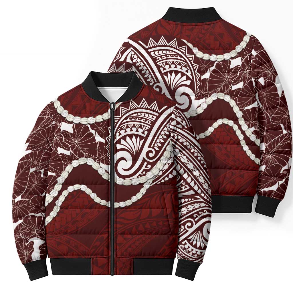 Aloha Hawaii Kalo Pikake Lei Bomber Puffer Jacket Chest Tattoo Oxblood Hawaiian Pattern