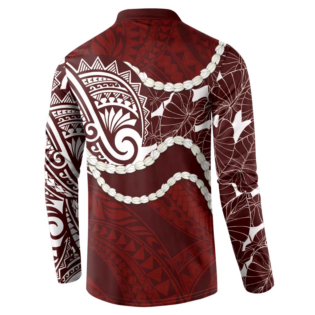 Aloha Hawaii Kalo Pikake Lei Button Sweatshirt Chest Tattoo Oxblood Hawaiian Pattern