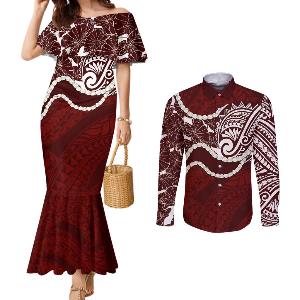 Aloha Hawaii Kalo Pikake Lei Couples Matching Mermaid Dress and Long Sleeve Button Shirt Chest Tattoo Oxblood Hawaiian Pattern