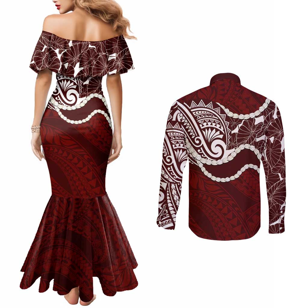 Aloha Hawaii Kalo Pikake Lei Couples Matching Mermaid Dress and Long Sleeve Button Shirt Chest Tattoo Oxblood Hawaiian Pattern LT14 - Polynesian Pride