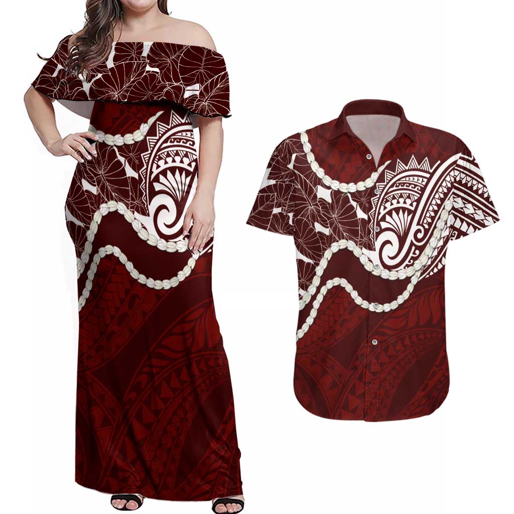 Aloha Hawaii Kalo Pikake Lei Couples Matching Off Shoulder Maxi Dress and Hawaiian Shirt Chest Tattoo Oxblood Hawaiian Pattern LT14 Oxblood - Polynesian Pride