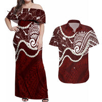 Aloha Hawaii Kalo Pikake Lei Couples Matching Off Shoulder Maxi Dress and Hawaiian Shirt Chest Tattoo Oxblood Hawaiian Pattern LT14 Oxblood - Polynesian Pride