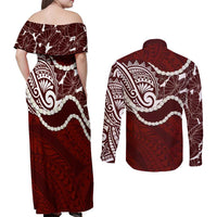 Aloha Hawaii Kalo Pikake Lei Couples Matching Off Shoulder Maxi Dress and Long Sleeve Button Shirt Chest Tattoo Oxblood Hawaiian Pattern