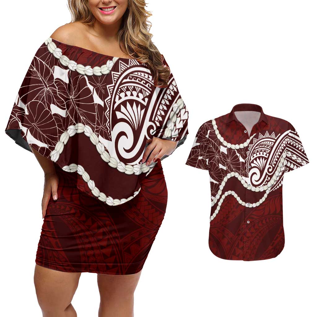 Aloha Hawaii Kalo Pikake Lei Couples Matching Off Shoulder Short Dress and Hawaiian Shirt Chest Tattoo Oxblood Hawaiian Pattern LT14 Oxblood - Polynesian Pride