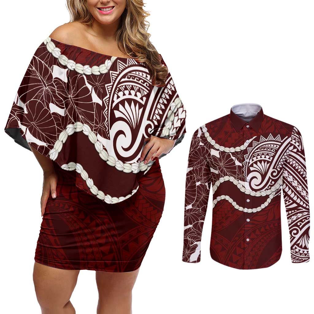 Aloha Hawaii Kalo Pikake Lei Couples Matching Off Shoulder Short Dress and Long Sleeve Button Shirt Chest Tattoo Oxblood Hawaiian Pattern LT14 Oxblood - Polynesian Pride