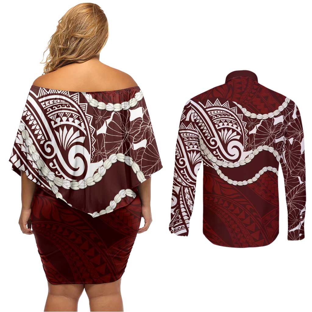 Aloha Hawaii Kalo Pikake Lei Couples Matching Off Shoulder Short Dress and Long Sleeve Button Shirt Chest Tattoo Oxblood Hawaiian Pattern LT14 - Polynesian Pride