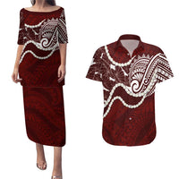 Aloha Hawaii Kalo Pikake Lei Couples Matching Puletasi and Hawaiian Shirt Chest Tattoo Oxblood Hawaiian Pattern LT14 Oxblood - Polynesian Pride