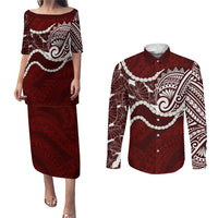 Aloha Hawaii Kalo Pikake Lei Couples Matching Puletasi and Long Sleeve Button Shirt Chest Tattoo Oxblood Hawaiian Pattern